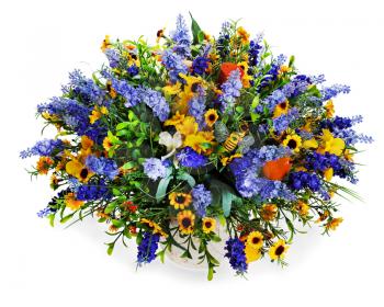 colorful floral bouquet of lilies, sunflowers and irises centerpiece in vase isolated on white background