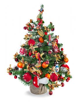Christmas fir tree decorated with toys and Christmas decorations isolated on white background.
