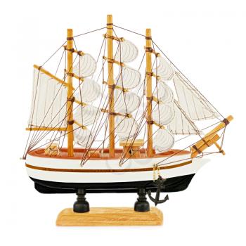 Old sailboat model isolated on white background.