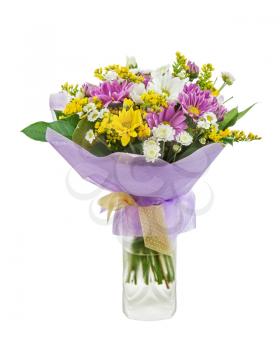 Colorful bouquet from gerberas in vase isolated on white background.