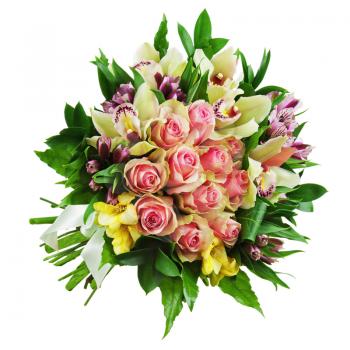 Floral bouquet of roses, lilies and orchids arrangement centerpiece isolated on white background. Closeup.