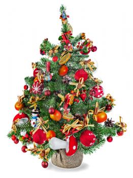 Christmas fir tree decorated with toys and Christmas decorations isolated on white background.
