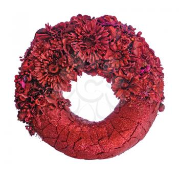 Composition of dried flowers and berries in shape of circle isolated on white.