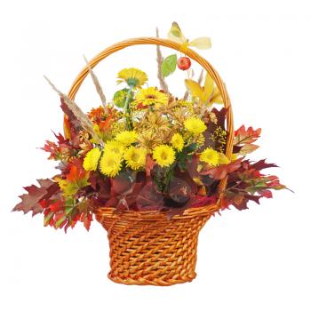 Bouquet arrangement centerpiece in wicker basket isolated on white background. Closeup.