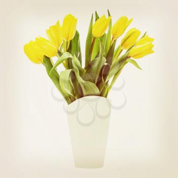 Yellow tulips in vase with retro filter effect.