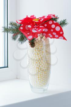 Composition from Poinsettia Plant with spruce branches in vase on windowsill. Closeup.