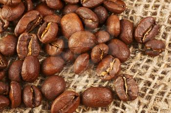 Roasted coffee beans on burlap background. Macro shot with tilt effect.