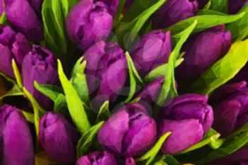 Purple tulips background in low poly style. Low poly design triangular tulips bouquet.