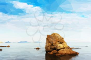 Beautiful seascape with rocks and cloudy sky in low poly style. Low poly design triangular.