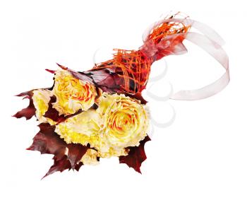 Colorful autumn flower bouquet from yellow roses and maple leaves isolated on white background.