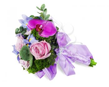Colorful flower wedding bouquet for bride from roses, iris and orhid isolated on white background.