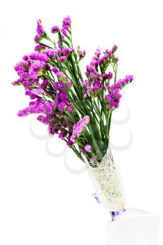 Bouquet from purple statice flowers arrangement centerpiece in vase isolated on white background.