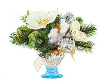 Christmas arrangement of Christmas balls, snowflakes, candles and pine branches isolated on white background.