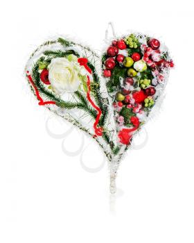 abstract composition in form of heart from apples, balloons, roses and pine needles isolated on white background