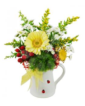 Colorful bouquet from gerberas in vase isolated on white background. Closeup.