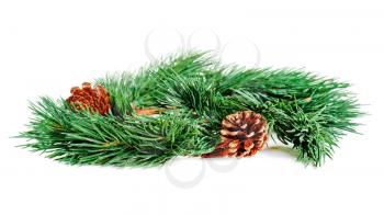 Wreath of fir branches isolated on white background, selective focus