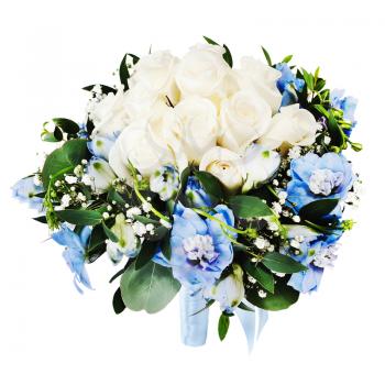 Floral wedding bouquet from white roses and delphinium isolated on white background.