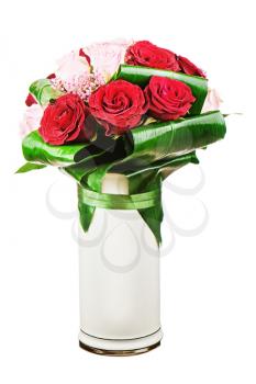 Colorful flower bouquet from roses in white vase isolated on white background.  Closeup.