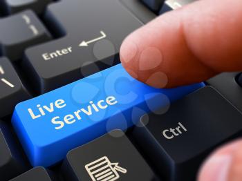 Live Service Button. Male Finger Clicks on Blue Button on Black Keyboard. Closeup View. Blurred Background. 3d Render.