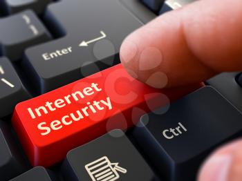 Internet Security Button. Male Finger Clicks on Red Button on Black Keyboard. Closeup View. Blurred Background. 3D Render.