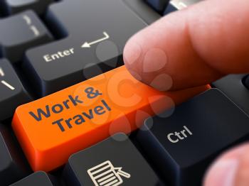 Work and Travel Button. Male Finger Clicks on Orange Button on Black Keyboard. Closeup View. Blurred Background. 3D Render.