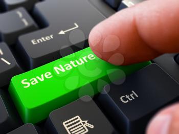 Person Click on Green Keyboard Button with Text Save Nature. Selective Focus. Closeup View. 3D Render.