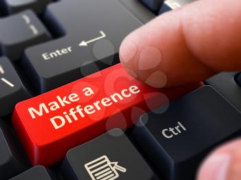 Make a Difference Concept. Person Click on Red Keyboard Button. Selective Focus. Closeup View. 3D Render.