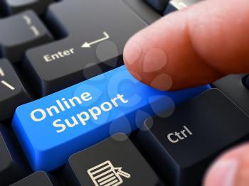 Online Support - Written on Blue Keyboard Key. Male Hand Presses Button on Black PC Keyboard. Closeup View. Blurred Background. 3D Render.