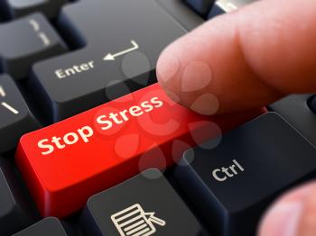 Stop Stress Concept. Person Click on Red Keyboard Button. Selective Focus. Closeup View. 3D Render.