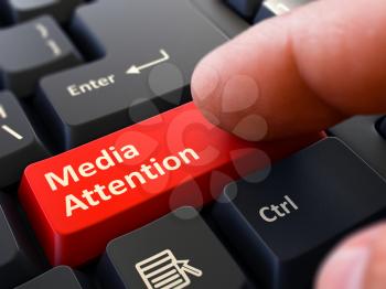 Media Attention Button. Male Finger Clicks on Red Button on Black Keyboard. Closeup View. Blurred Background. 3D Render.