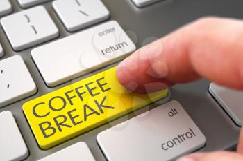 Finger Pushing Coffee Break Key on Metallic Keyboard. Coffee Break Concept - Slim Aluminum Keyboard with Key. Hand Finger Press Coffee Break Keypad. 3D Illustration.