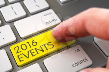Man Finger Pushing 2016 Events Yellow Key on Computer Keyboard. 2016 Events - Computer Keyboard Concept. Hand of Young Man on 2016 Events Yellow Button. 2016 Events - White Keyboard Button. 3D Render.