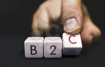 B2B Changes to B2C - Business Priorities Concept. Hand Turns a Dice and Changes the Word to B2C.