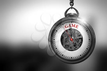 Business Concept: Game on Pocket Watch Face with Close View of Watch Mechanism. Vintage Effect. Game Close Up of Red Text on the Pocket Watch Face. 3D Rendering.