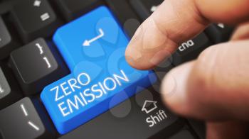 Close Up view of Male Hand Touching Blue ZERO EMISSION Computer Key. 3D Illustration.
