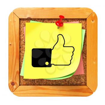 Thumb Up on Yellow Sticker on Cork Message Board.