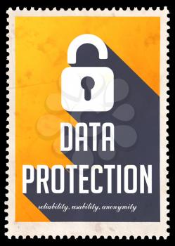 Data Protection on Yellow Background. Vintage Concept in Flat Design with Long Shadows.