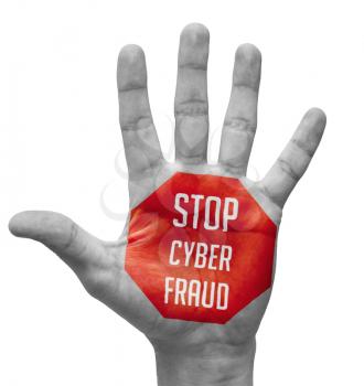 Stop Cyber Fraud - Red Sign Painted - Open Hand Raised, Isolated on White Background