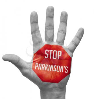 Stop Parkinsons - Red Sign Painted - Open Hand Raised, Isolated on White Background