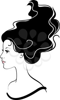 Vector girl face icon with long black hair 