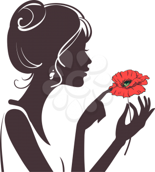 beauty girl silhouette with red poppy
