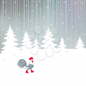 Rooster in red boots. Cartoon stylized symbol of New Year isolated on white background. Cock walking on a snowy winter the magical forest