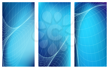 Blue vertical banners set with abstract light curve lines. Bright blue spase background. Web design