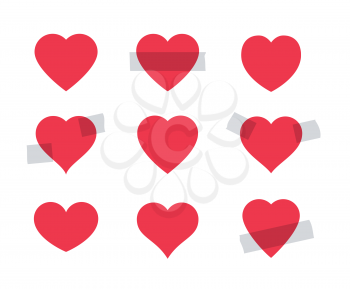 Set of red heart shape. Some hearts as stickers attached with a scotch tape. Valentine day symbol