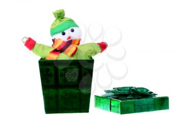 Green gift box with a snowman inside isolated on white