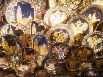 TOLEDO-SPAIN-FEB 20, 2019:Toledo is renowned for its damasquinados, or damascene handicrafts and costume jewelry. Damascening is the Moorish art of inlaying gold or silver threads into black steel in a decorative pattern. 