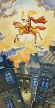 Royalty Free Clipart Image of a Knight Riding Over Buildings