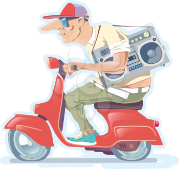 The nosy man in a hat with the old-style boombox is riding the red scooter.