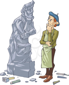 The sculptor is thinking  about something  in front of his self portrait made in stone.