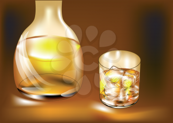 whisky bottle and glass with ice. 10 EPS